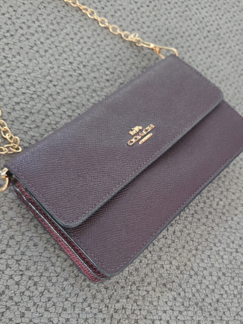 Coach Crossgrain Leather Wallet on Chain / Foldover Clutch - Plum/Oxblood